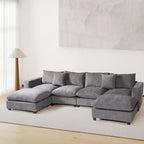 Divano sezionale modulare a U 128 in ciniglia con chaise longue, porte USB/Type-C e tasche laterali
