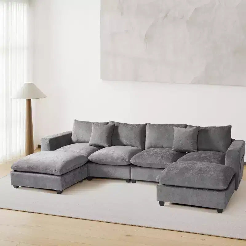 Divano sezionale modulare a U 128 in ciniglia con chaise longue, porte USB/Type-C e tasche laterali