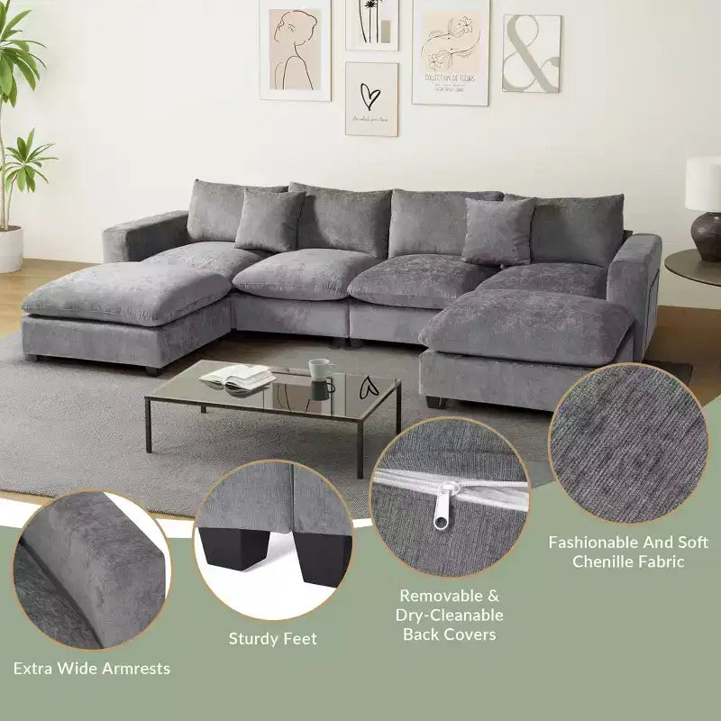 Divano sezionale modulare a U 128 in ciniglia con chaise longue, porte USB/Type-C e tasche laterali