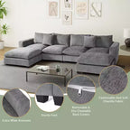 Divano sezionale modulare a U 128 in ciniglia con chaise longue, porte USB/Type-C e tasche laterali