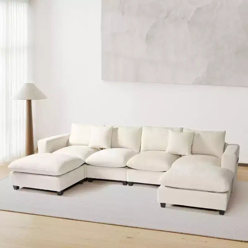 Divano sezionale modulare a U 128 in ciniglia con chaise longue, porte USB/Type-C e tasche laterali