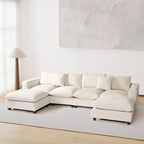 Divano sezionale modulare a U 128 in ciniglia con chaise longue, porte USB/Type-C e tasche laterali