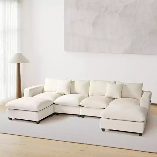 Divano sezionale modulare a U 128 in ciniglia con chaise longue, porte USB/Type-C e tasche laterali
