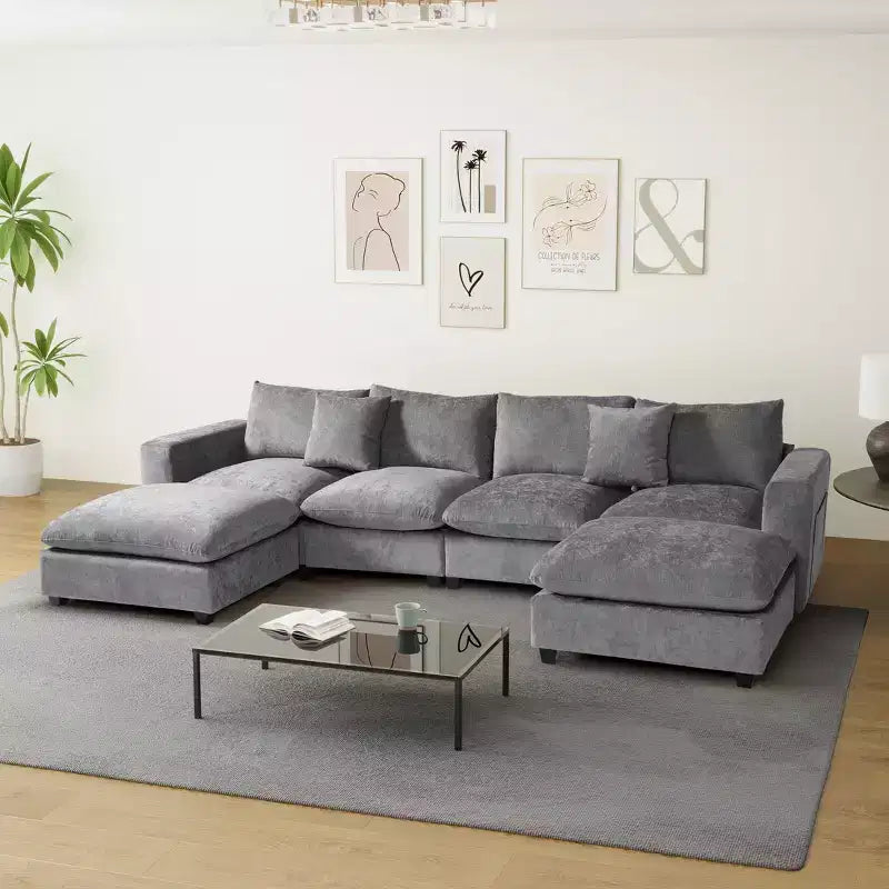 Divano sezionale modulare a U 128 in ciniglia con chaise longue, porte USB/Type-C e tasche laterali