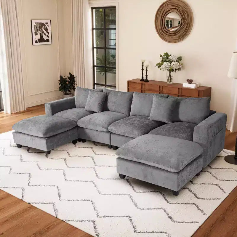 Divano sezionale modulare a U 128 in ciniglia con chaise longue, porte USB/Type-C e tasche laterali