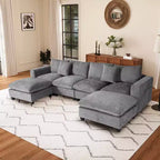 Divano sezionale modulare a U 128 in ciniglia con chaise longue, porte USB/Type-C e tasche laterali