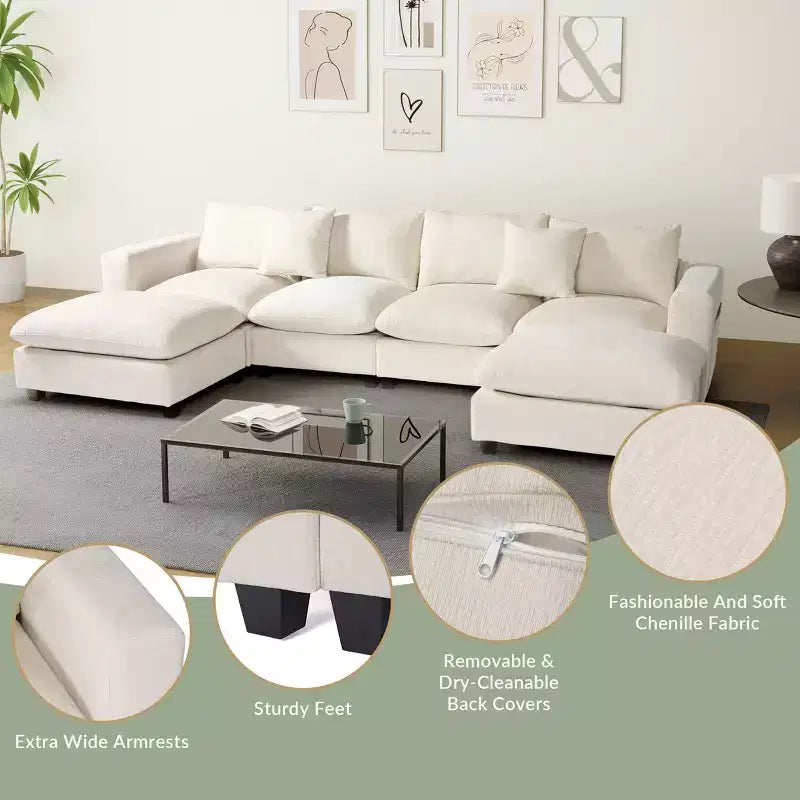 Divano sezionale modulare a U 128 in ciniglia con chaise longue, porte USB/Type-C e tasche laterali