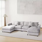 Divano sezionale modulare a U 128 in ciniglia con chaise longue, porte USB/Type-C e tasche laterali
