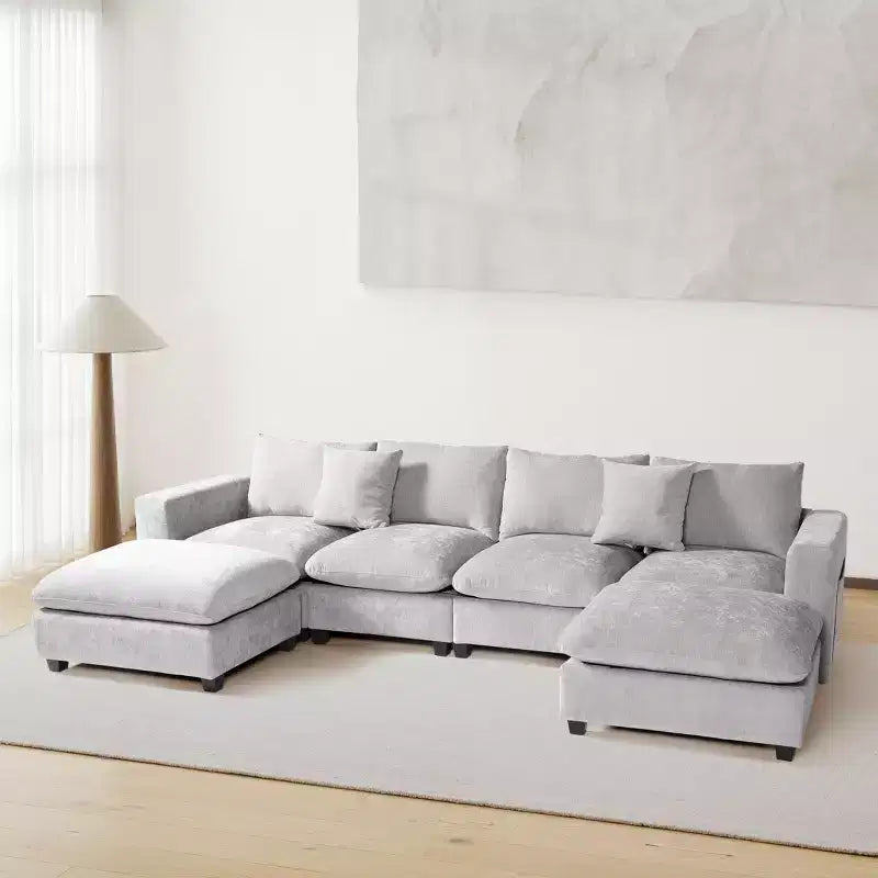 Divano sezionale modulare a U 128 in ciniglia con chaise longue, porte USB/Type-C e tasche laterali