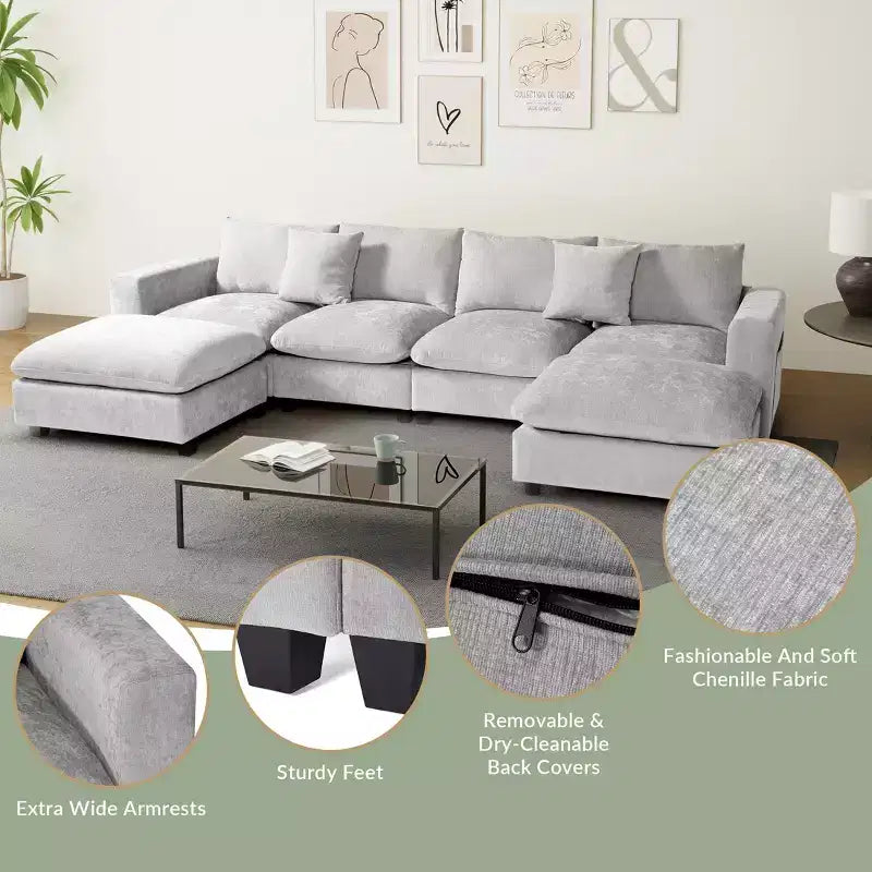 Divano sezionale modulare a U 128 in ciniglia con chaise longue, porte USB/Type-C e tasche laterali