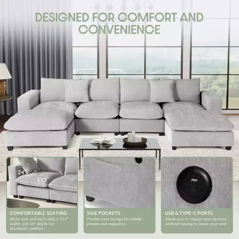 Divano sezionale modulare a U 128 in ciniglia con chaise longue, porte USB/Type-C e tasche laterali