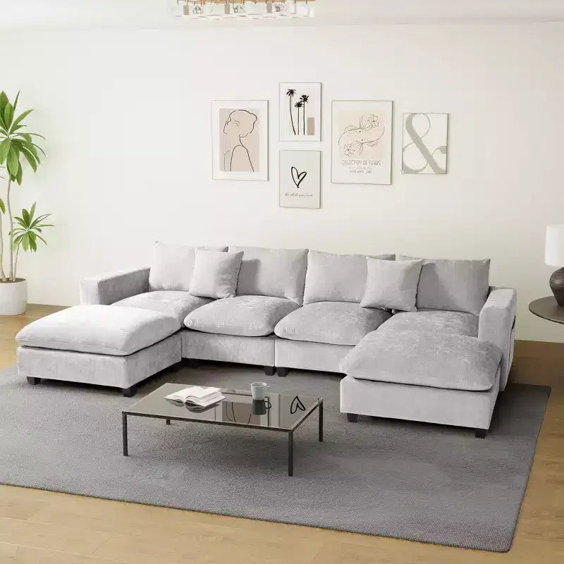Divano sezionale modulare a U 128 in ciniglia con chaise longue, porte USB/Type-C e tasche laterali