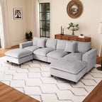 Divano sezionale modulare a U 128 in ciniglia con chaise longue, porte USB/Type-C e tasche laterali