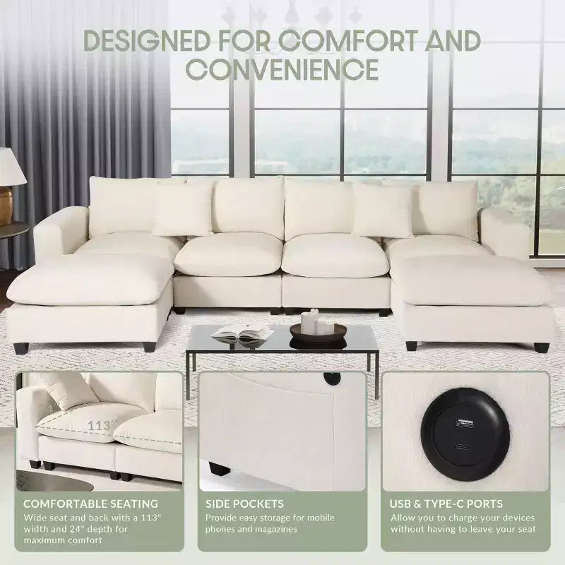 Divano sezionale modulare a U 128 in ciniglia con chaise longue, porte USB/Type-C e tasche laterali