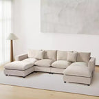 Divano sezionale modulare a U 128 in ciniglia con chaise longue, porte USB/Type-C e tasche laterali