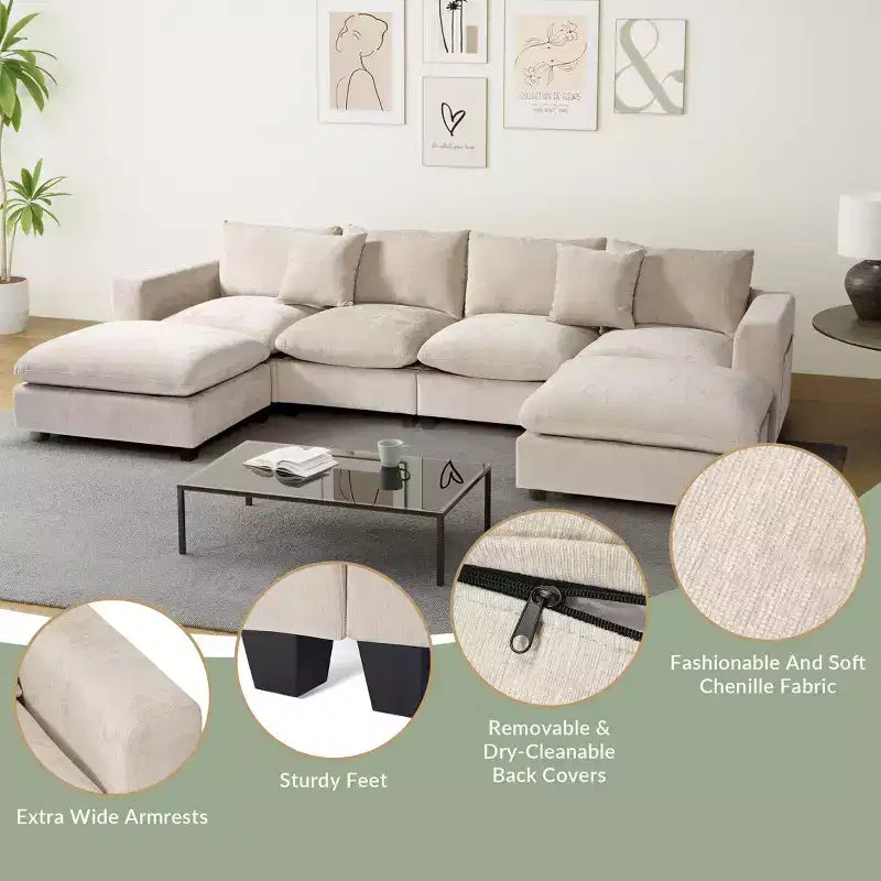 Divano sezionale modulare a U 128 in ciniglia con chaise longue, porte USB/Type-C e tasche laterali