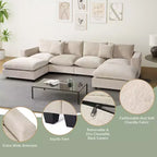 Divano sezionale modulare a U 128 in ciniglia con chaise longue, porte USB/Type-C e tasche laterali
