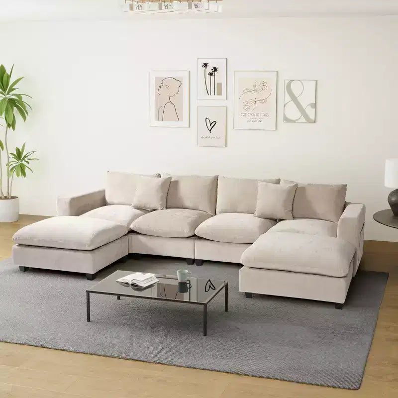 Divano sezionale modulare a U 128 in ciniglia con chaise longue, porte USB/Type-C e tasche laterali