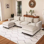 Divano sezionale modulare a U 128 in ciniglia con chaise longue, porte USB/Type-C e tasche laterali