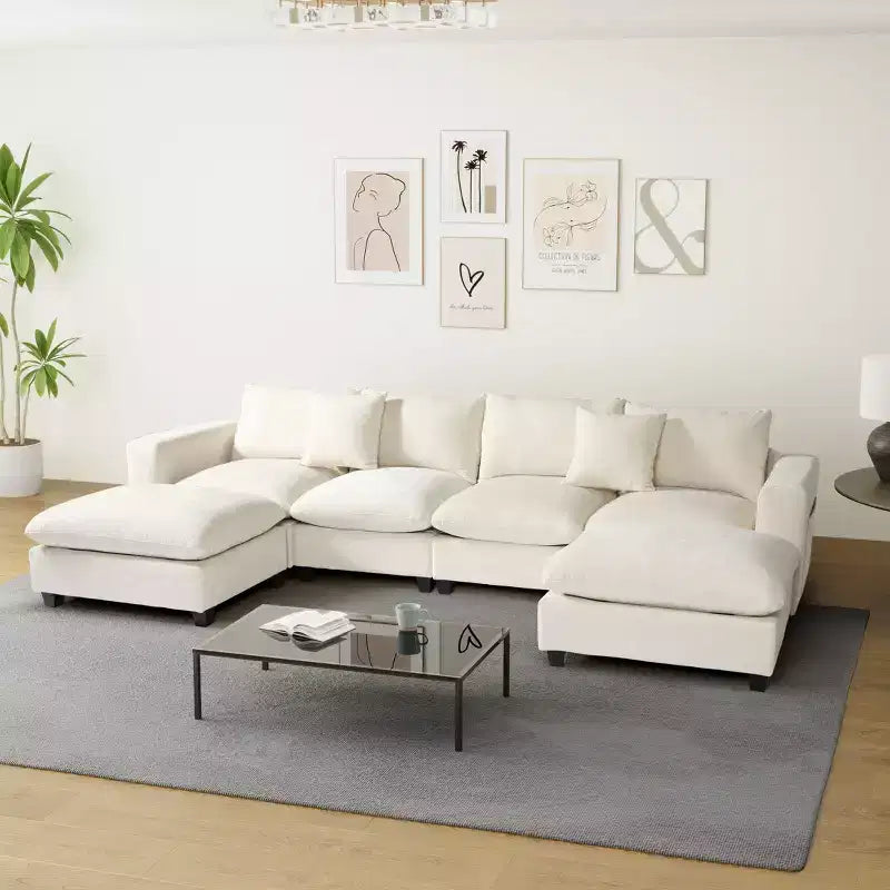 Divano sezionale modulare a U 128 in ciniglia con chaise longue, porte USB/Type-C e tasche laterali