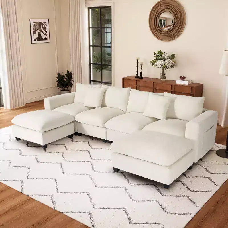 Divano sezionale modulare a U 128 in ciniglia con chaise longue, porte USB/Type-C e tasche laterali