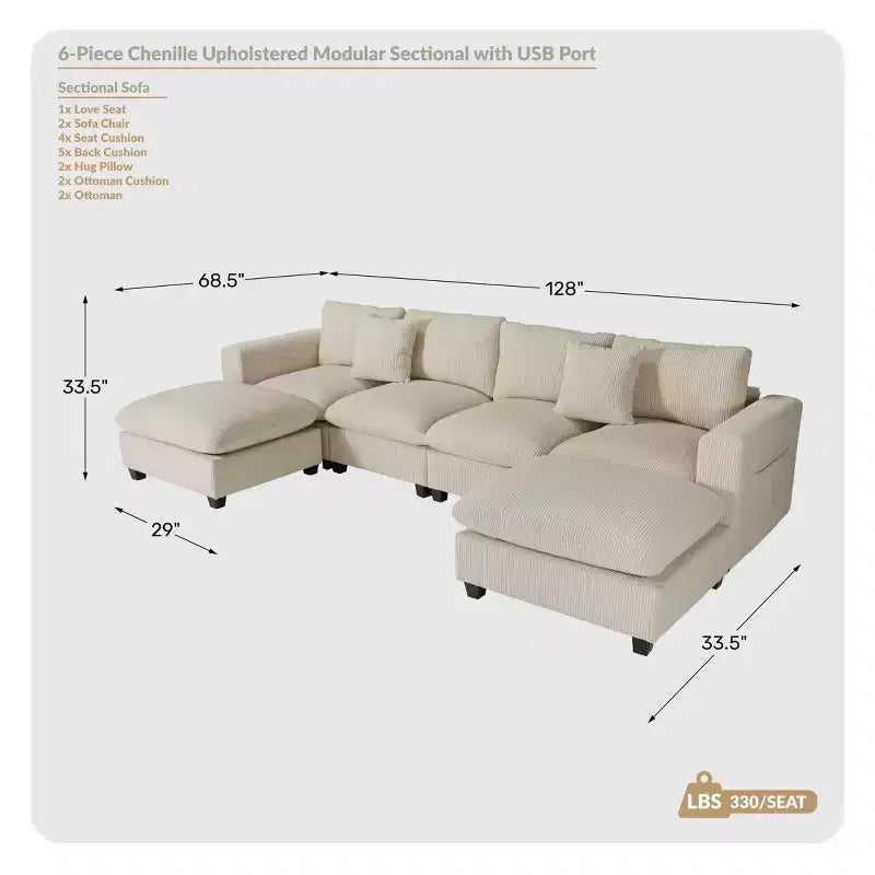Divano sezionale modulare a U 128 in ciniglia con chaise longue, porte USB/Type-C e tasche laterali