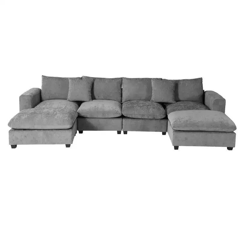 Divano sezionale modulare a U 128 in ciniglia con chaise longue, porte USB/Type-C e tasche laterali