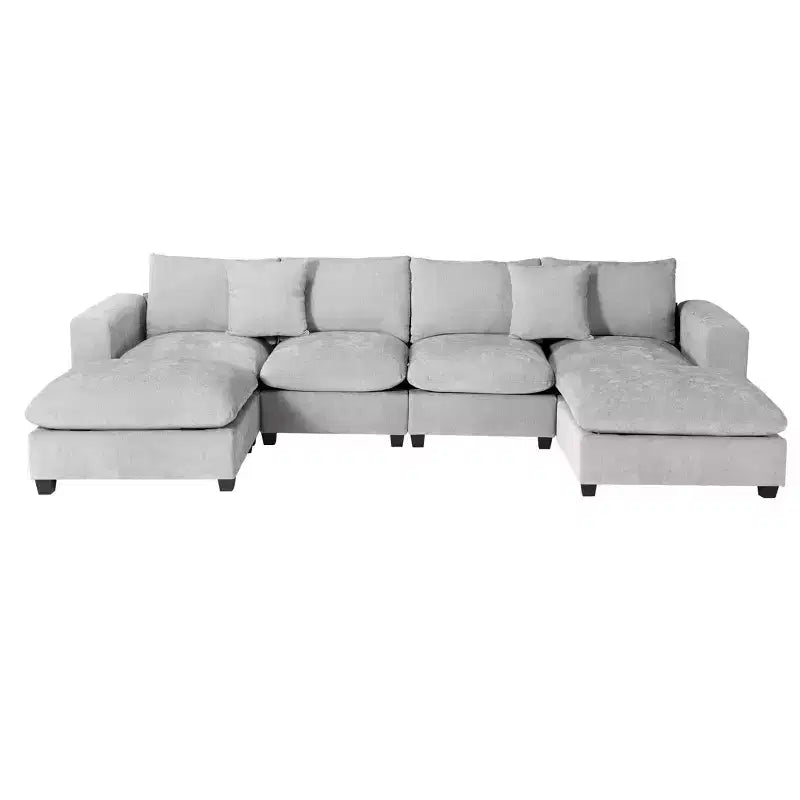 Divano sezionale modulare a U 128 in ciniglia con chaise longue, porte USB/Type-C e tasche laterali