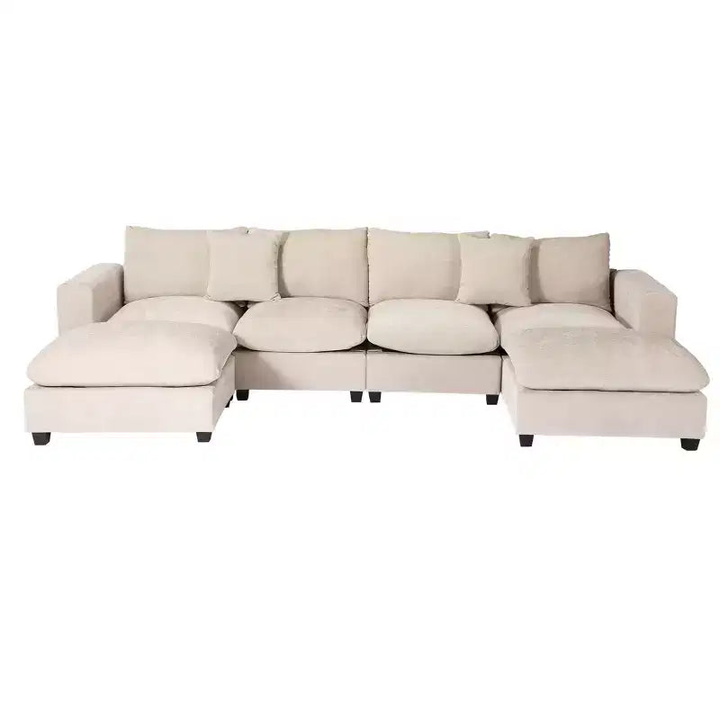 Divano sezionale modulare a U 128 in ciniglia con chaise longue, porte USB/Type-C e tasche laterali