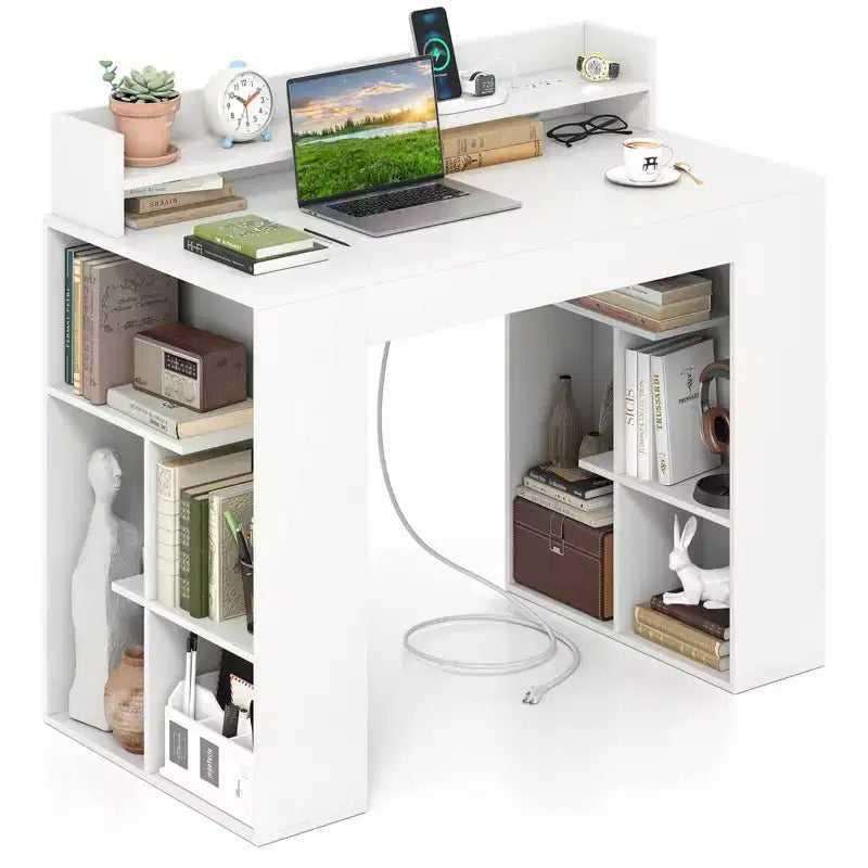 Scrivania da ufficio 109 cm con prese elettriche, ripiano per monitor, libreria e foro passacavo