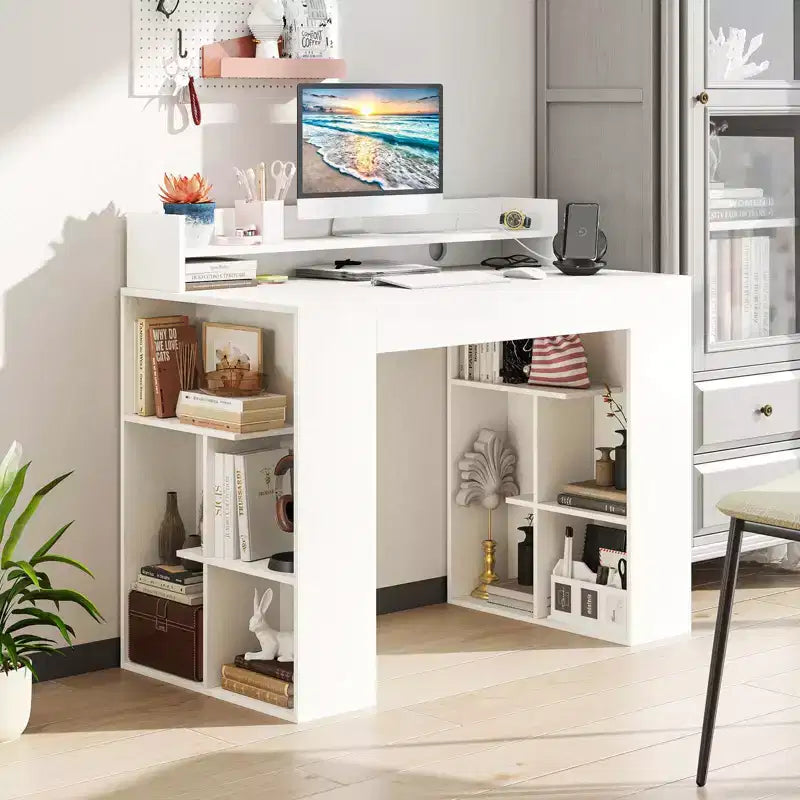Scrivania da ufficio 109 cm con prese elettriche, ripiano per monitor, libreria e foro passacavo