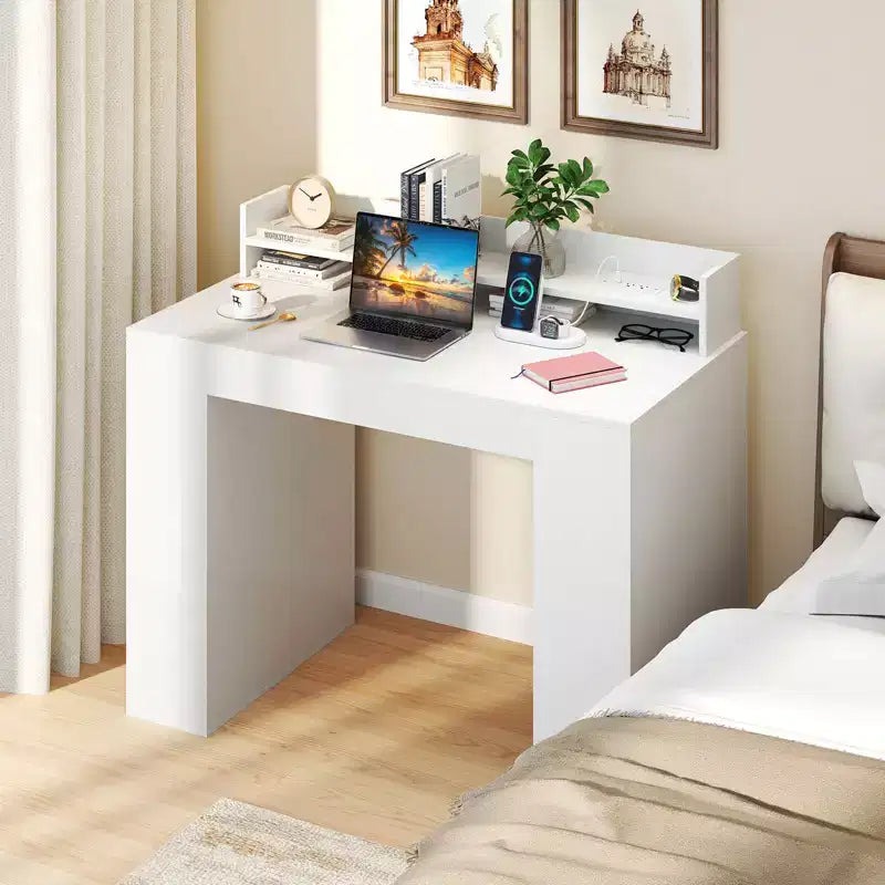Scrivania da ufficio 109 cm con prese elettriche, ripiano per monitor, libreria e foro passacavo