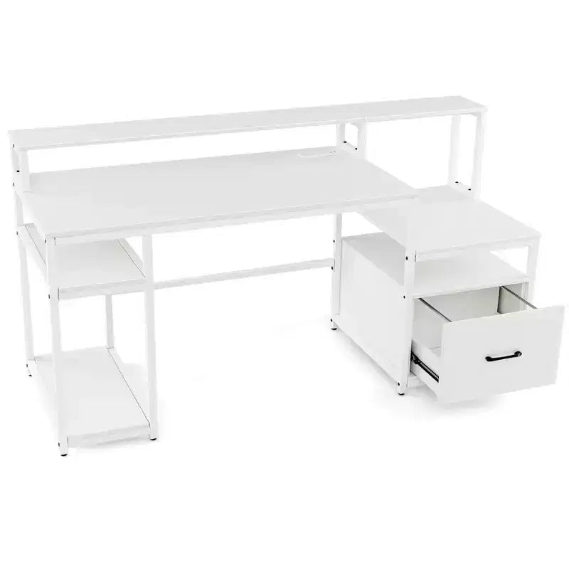 Postazione Computer 66 con Supporto Monitor, Supporto CPU, Ripiano Stampante e Cassetto Portadocumenti