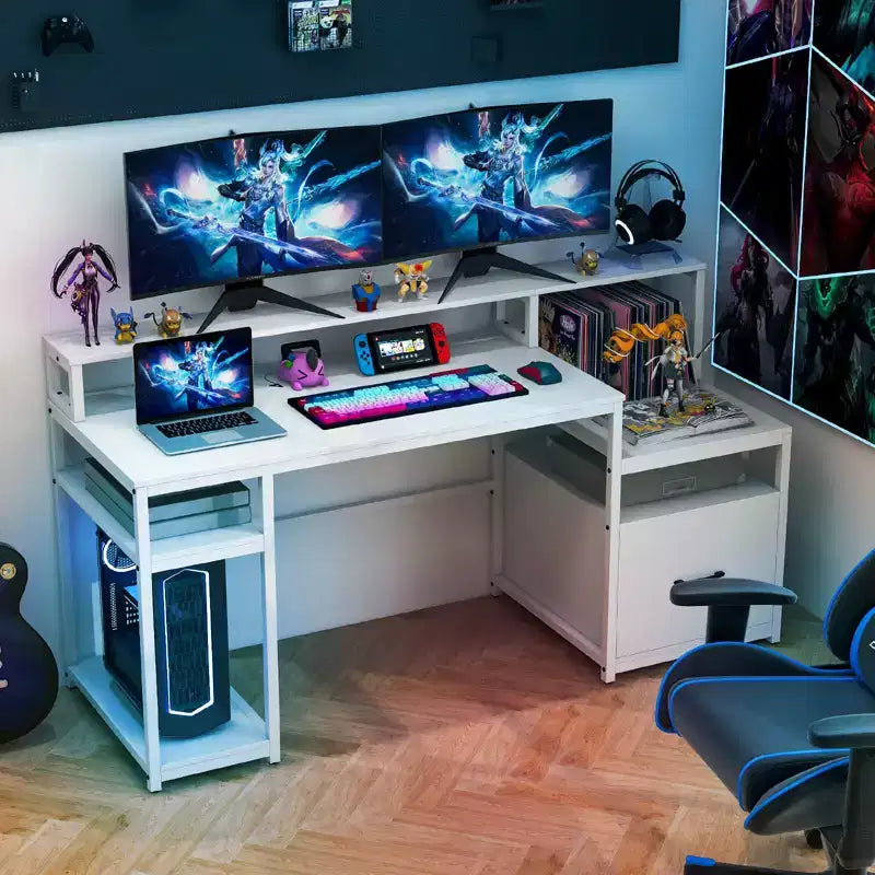 Postazione Computer 66 con Supporto Monitor, Supporto CPU, Ripiano Stampante e Cassetto Portadocumenti