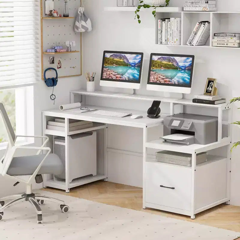 Postazione Computer 66 con Supporto Monitor, Supporto CPU, Ripiano Stampante e Cassetto Portadocumenti