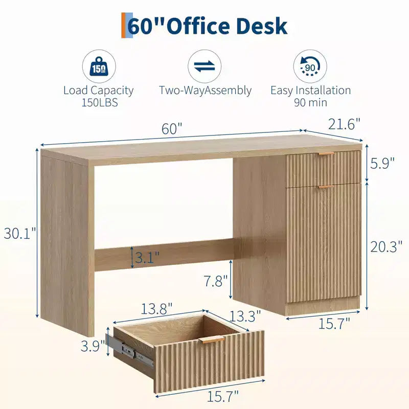 Scrivania direzionale da 150 cm con contenitore, scrivania moderna con cassetto e armadietto, scrivania per computer con scanalature in legno, workstation, tavolo da conferenza per studio, rovere naturale