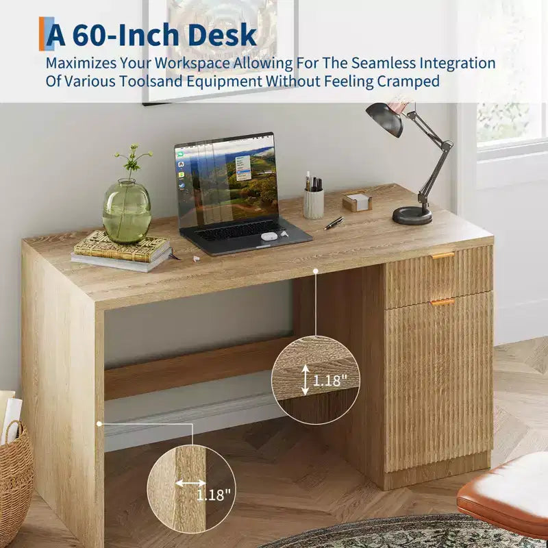 Scrivania direzionale da 150 cm con contenitore, scrivania moderna con cassetto e armadietto, scrivania per computer con scanalature in legno, workstation, tavolo da conferenza per studio, rovere naturale
