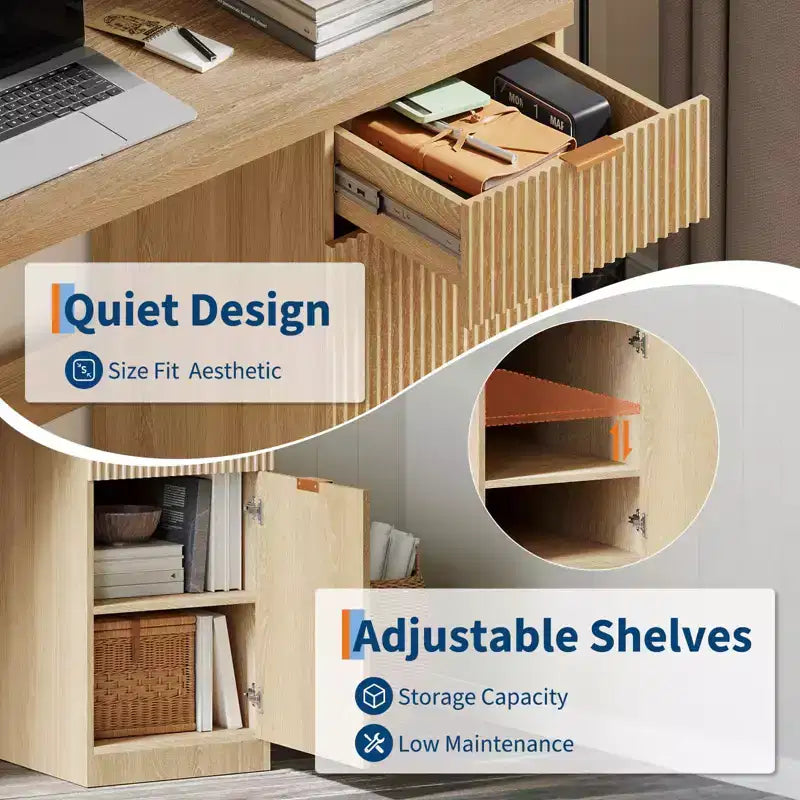 Scrivania direzionale da 150 cm con contenitore, scrivania moderna con cassetto e armadietto, scrivania per computer con scanalature in legno, workstation, tavolo da conferenza per studio, rovere naturale