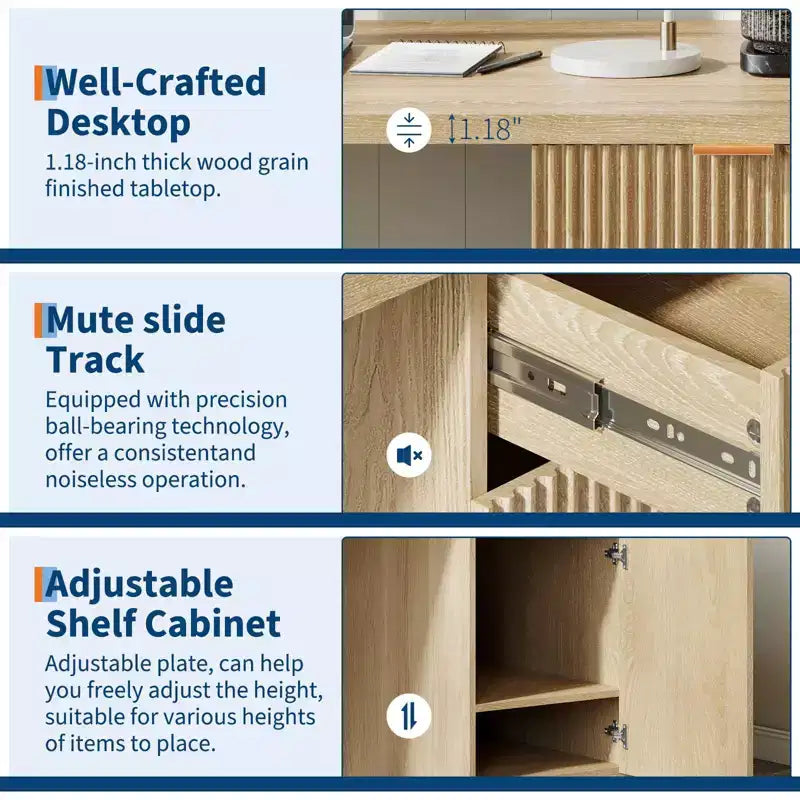 Scrivania direzionale da 150 cm con contenitore, scrivania moderna con cassetto e armadietto, scrivania per computer con scanalature in legno, workstation, tavolo da conferenza per studio, rovere naturale