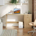 Scrivania direzionale da 150 cm con contenitore, scrivania moderna con cassetto e armadietto, scrivania per computer con scanalature in legno, workstation, tavolo da conferenza per studio, rovere naturale