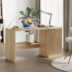 Scrivania direzionale da 150 cm con contenitore, scrivania moderna con cassetto e armadietto, scrivania per computer con scanalature in legno, workstation, tavolo da conferenza per studio, rovere naturale