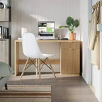 Scrivania direzionale da 150 cm con contenitore, scrivania moderna con cassetto e armadietto, scrivania per computer con scanalature in legno, workstation, tavolo da conferenza per studio, rovere naturale