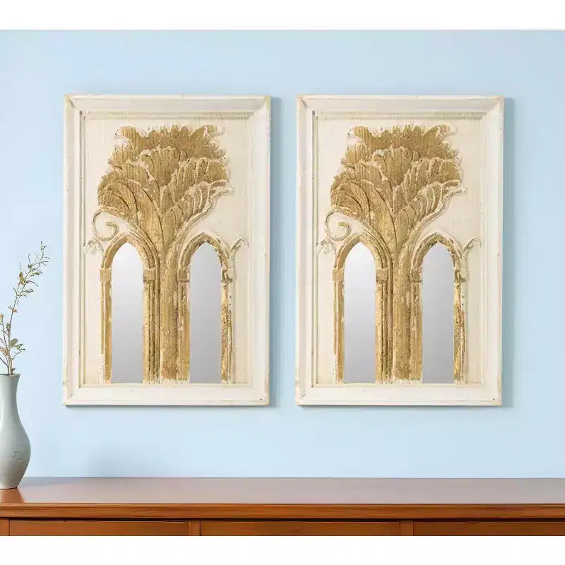 Due specchi decorativi da 30 cm con cornice in legno bianca e oro