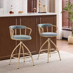 Sgabello da bar girevole in tessuto lino effetto neve blu con gambe in legno