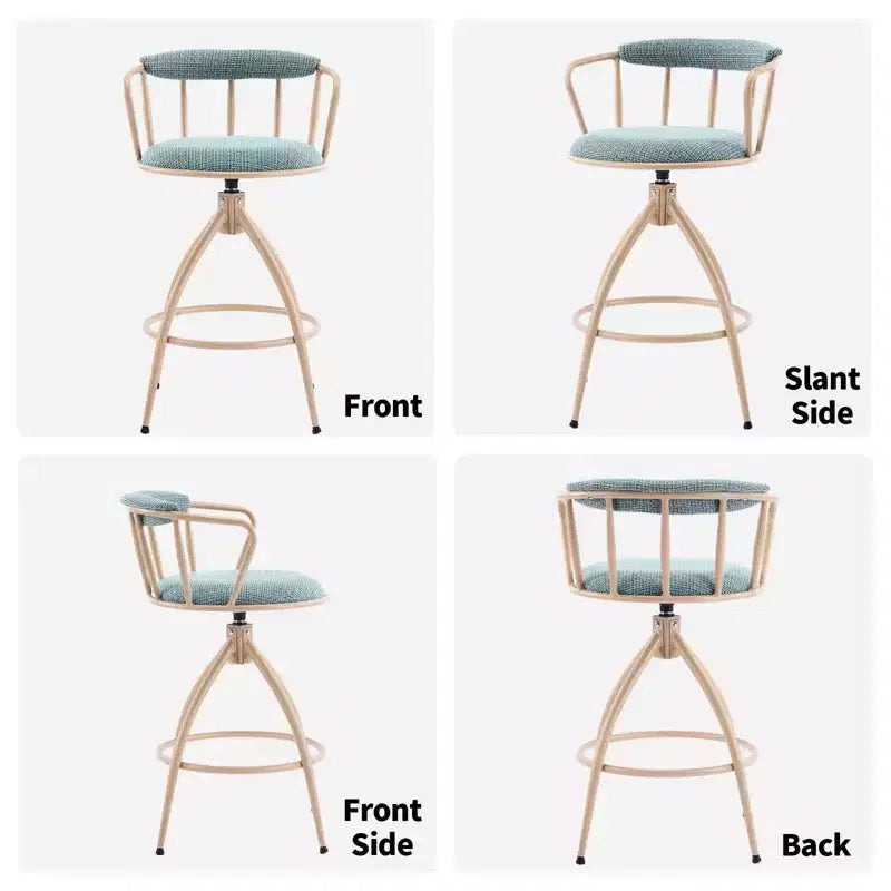 Sgabello da bar girevole in tessuto lino effetto neve blu con gambe in legno