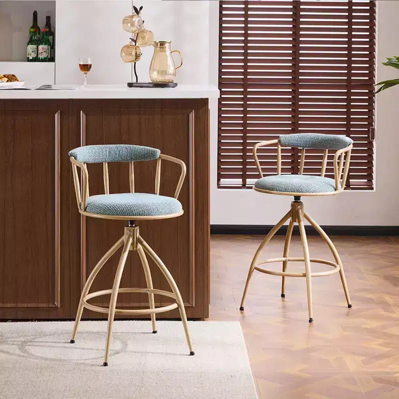 Sgabello da bar girevole in tessuto lino effetto neve blu con gambe in legno