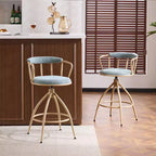 Sgabello da bar girevole in tessuto lino effetto neve blu con gambe in legno