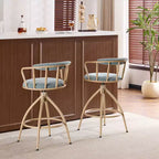 Sgabello da bar girevole in tessuto lino effetto neve blu con gambe in legno