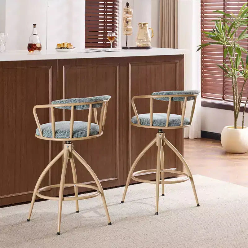 Sgabello da bar girevole in tessuto lino effetto neve blu con gambe in legno