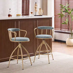Sgabello da bar girevole in tessuto lino effetto neve blu con gambe in legno
